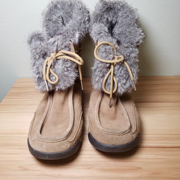 Land's End Women's 10 Lace Up Brown Suede Winter Boots Gray Fuzzy Accent Warm - Picture 3 of 7